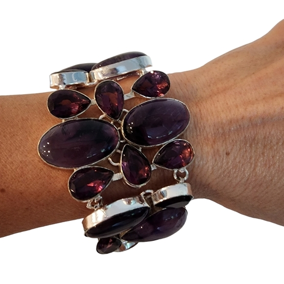 Silver amethyst gemstone bracelet chunky statement bracelet plus glass stones - Picture 5 of 15